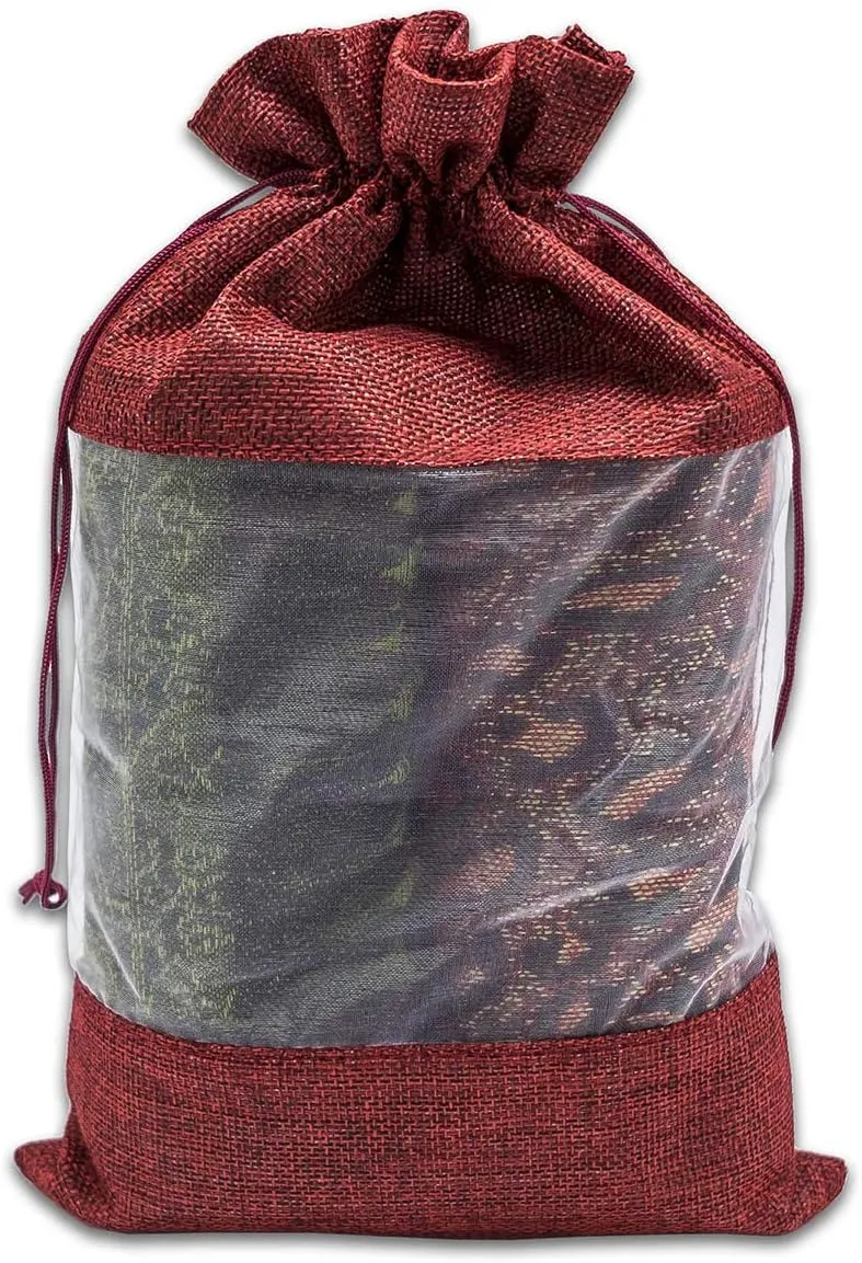 TheDisplayGuys - 48-Pack 7.5x11.5 Linen Burlap & Sheer Organza Gift Bag with Drawstring for Party Favors, Presents, Samples & Treats Mesh Pouch (Maroon, X-Large)