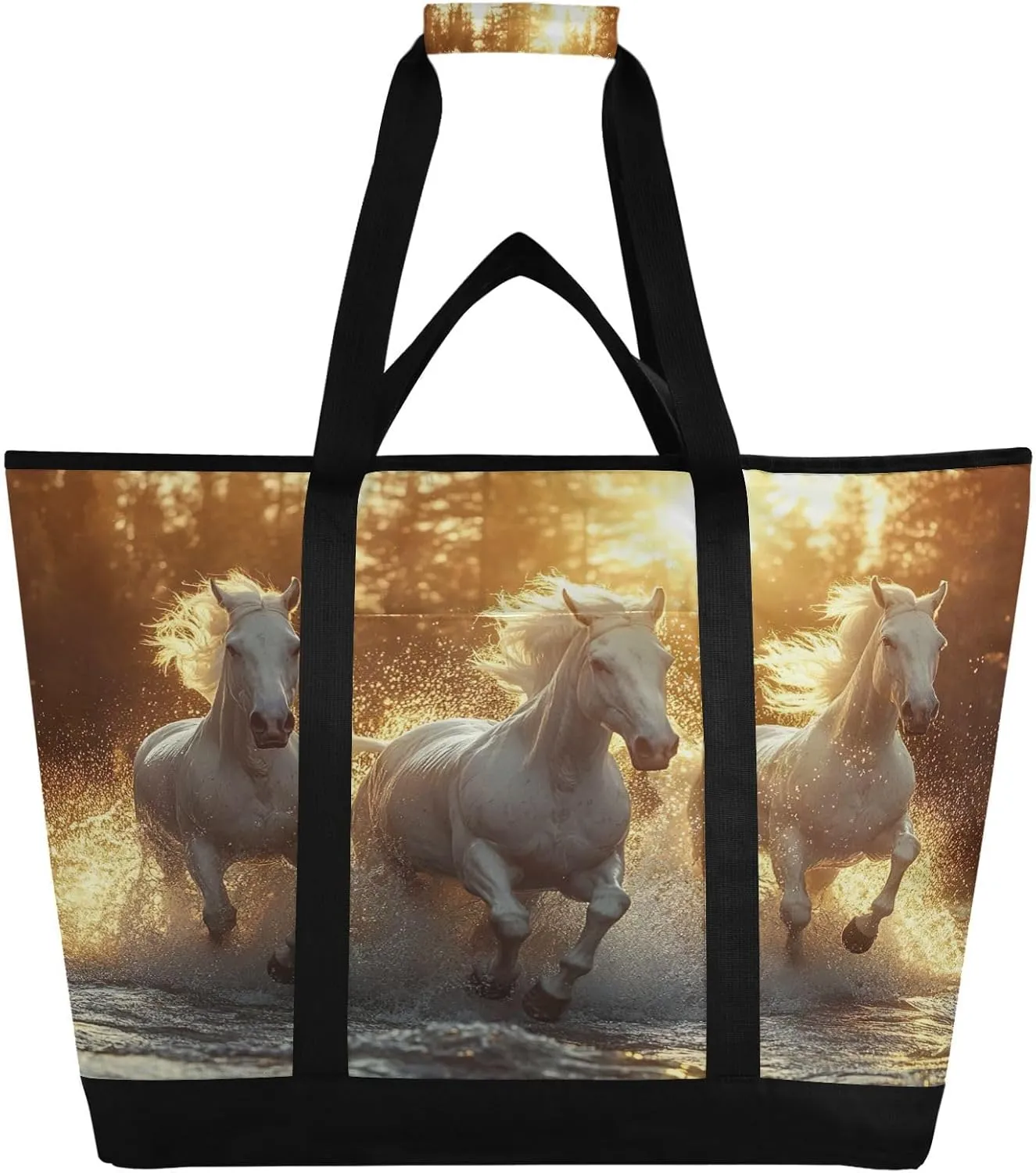 Three White Horses Running Reusable Insulated Lunchbox Cooler Bag, Leakproof Kitchen Grocery Bag Collapsible Portable Cooler Tote Bag for Picnic, Camping, Office, Travel