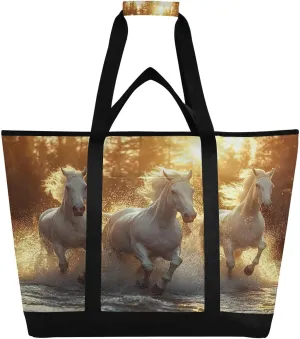 Three White Horses Running Reusable Insulated Lunchbox Cooler Bag, Leakproof Kitchen Grocery Bag Collapsible Portable Cooler Tote Bag for Picnic, Camping, Office, Travel