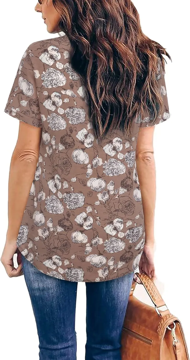 Timeson Women's V Neck Short Sleeve Curved Hem Sheer Chiffon Blouse Shirts Tops