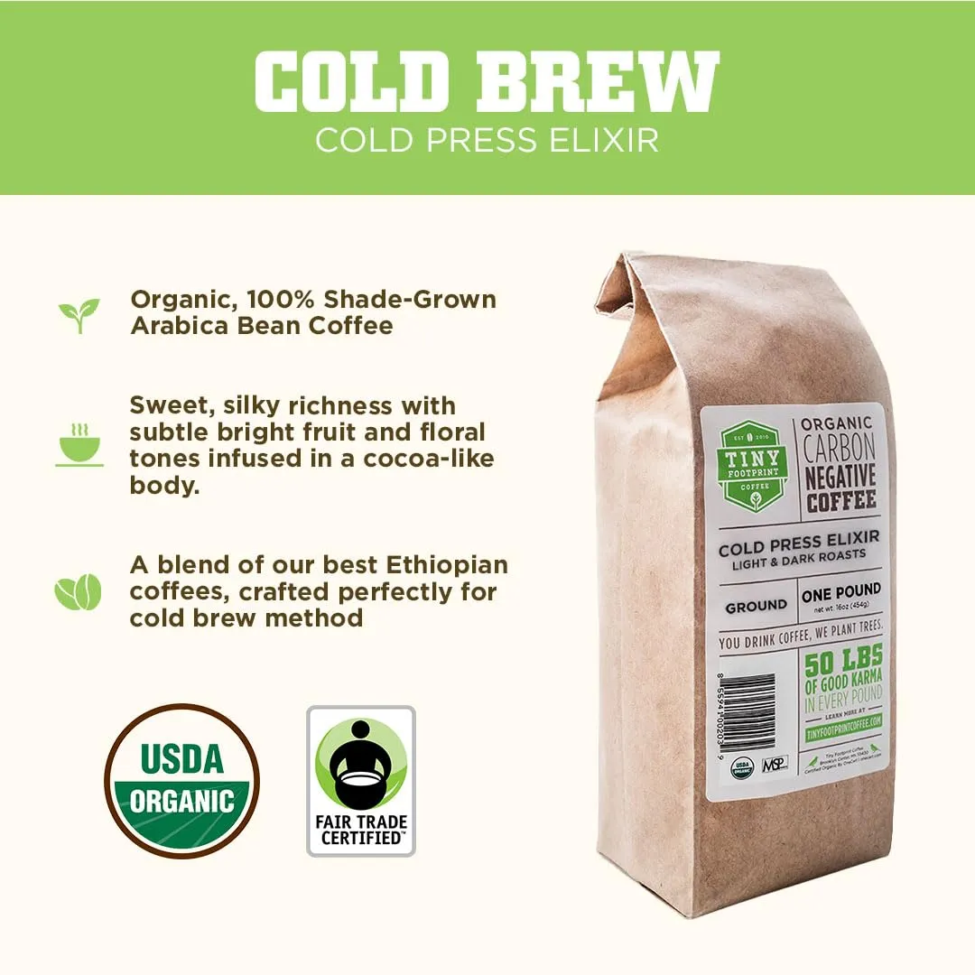 Tiny Footprint Coffee - Organic Cold Brew & Press Elixir | Blend of Light & Dark Roasts | Shade-Gown Ground Coffee, Carbon Negative, 16 Ounce