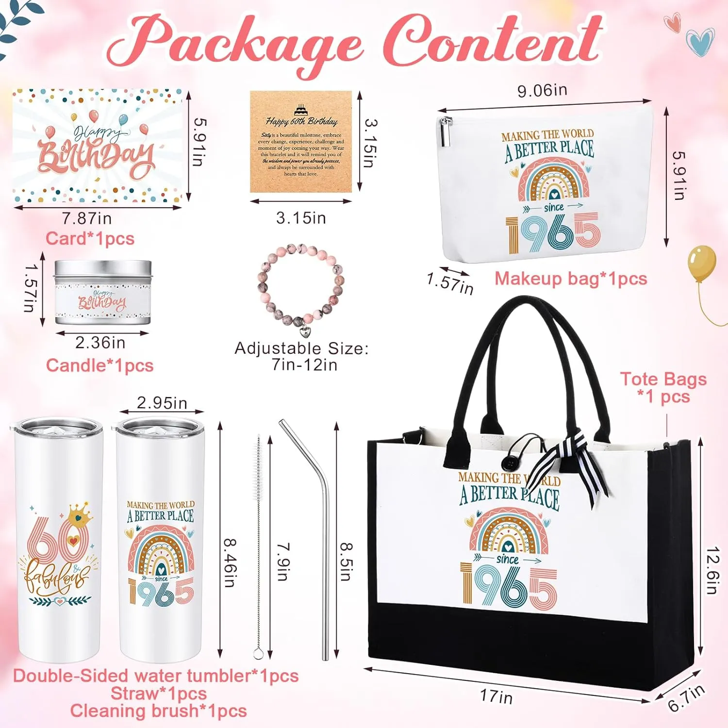 Tioncy 6 Pcs 40th 50th 60th Birthday Gifts for Women, 20oz Tumbler Tote Bag Makeup Bag Bracelet Candle and Gift Card