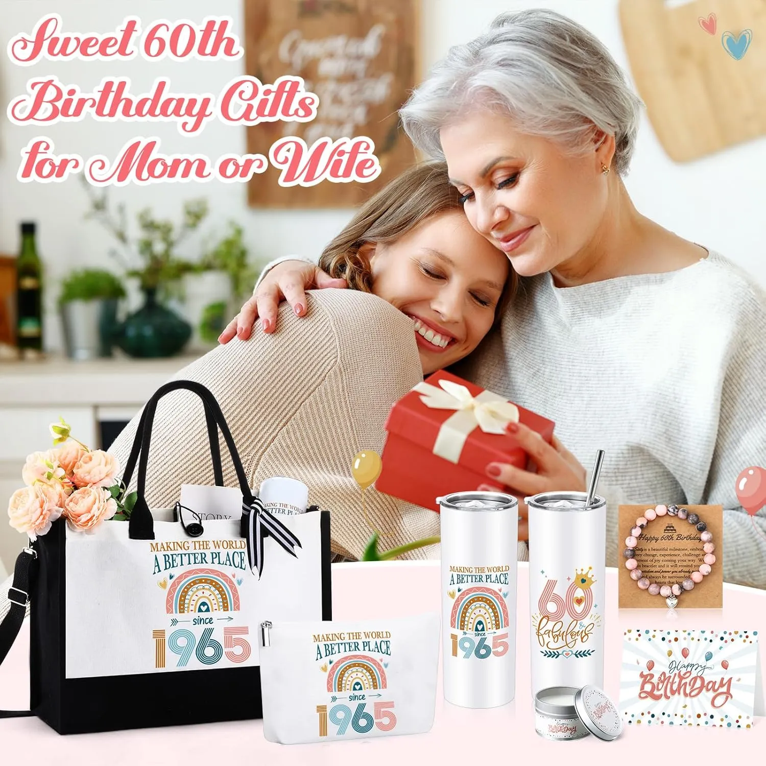 Tioncy 6 Pcs 40th 50th 60th Birthday Gifts for Women, 20oz Tumbler Tote Bag Makeup Bag Bracelet Candle and Gift Card