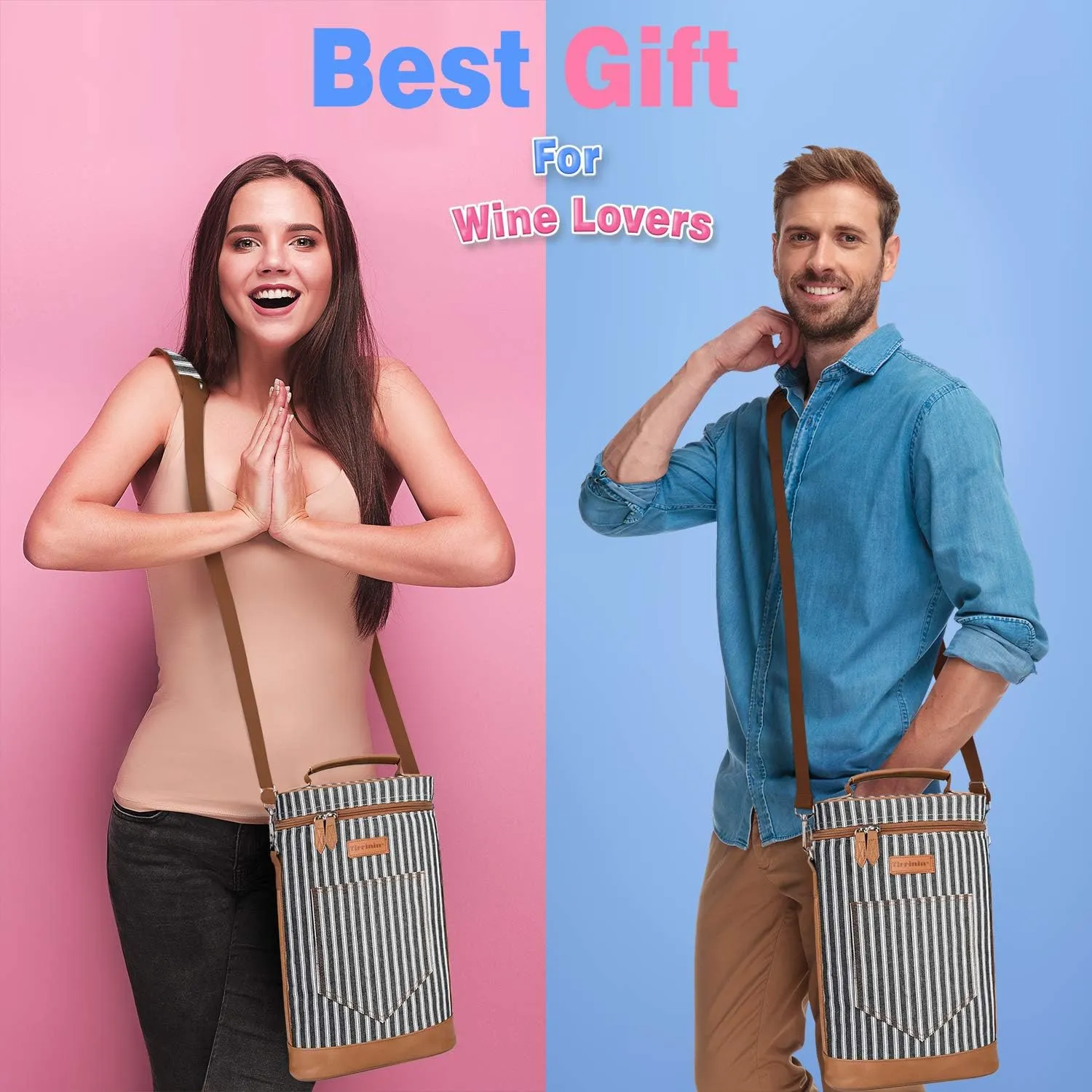 Tirrinia 2 Bottle Wine Gift Tote Carrier - Leakproof & Insulated Padded Versatile Wine Cooler Bag for Travel, BYOB Restaurant, Wine Tasting, Party, Dinner,Gift for Wine Lovers, Black Stripe