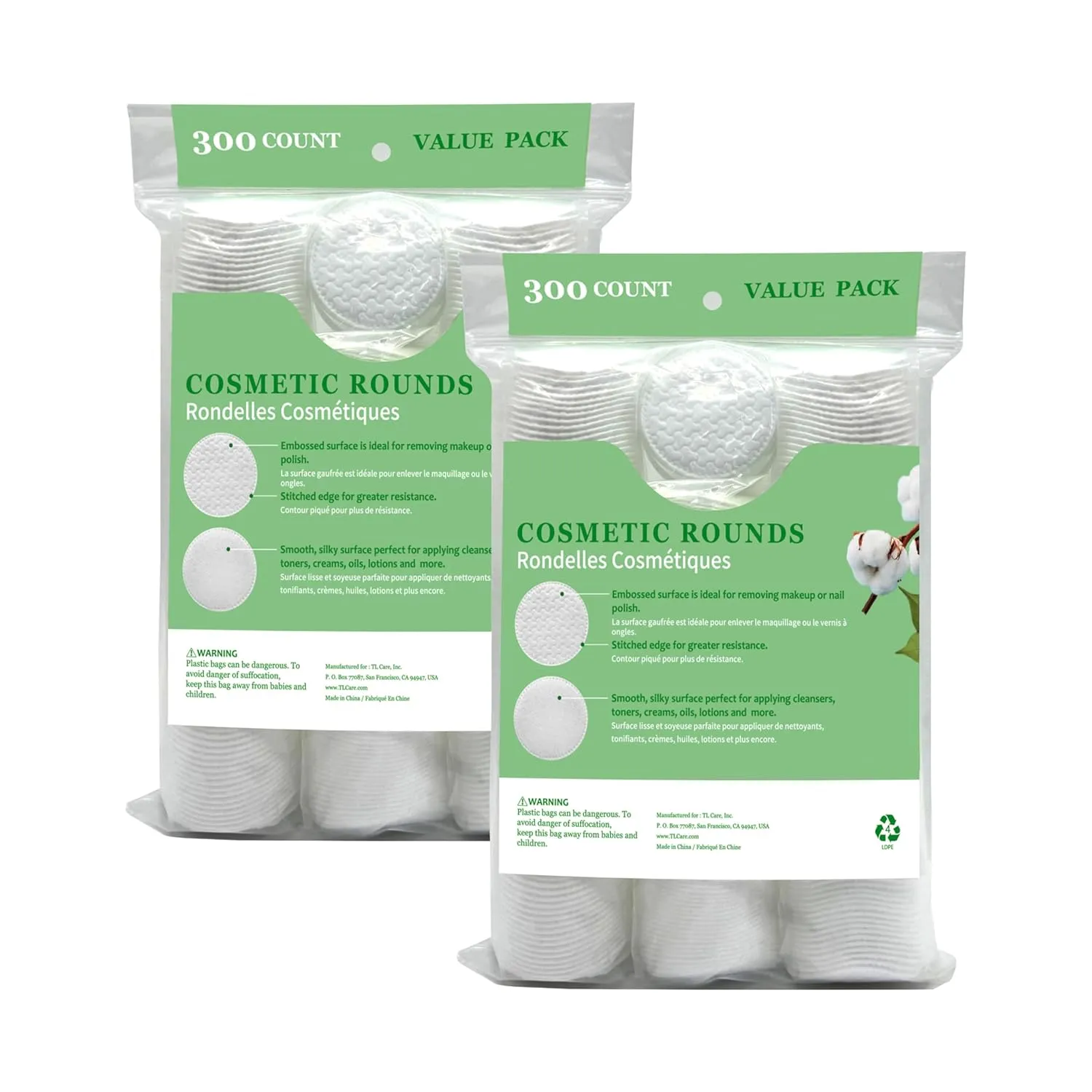 TL Care Cotton Rounds (600 Count) with Travel Canister - Lint-Free, Ultra Soft & Absorbent 3-Layer Cotton Pads for Face and Makeup Removal