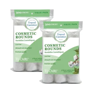 TL Care Cotton Rounds (600 Count) with Travel Canister - Lint-Free, Ultra Soft & Absorbent 3-Layer Cotton Pads for Face and Makeup Removal
