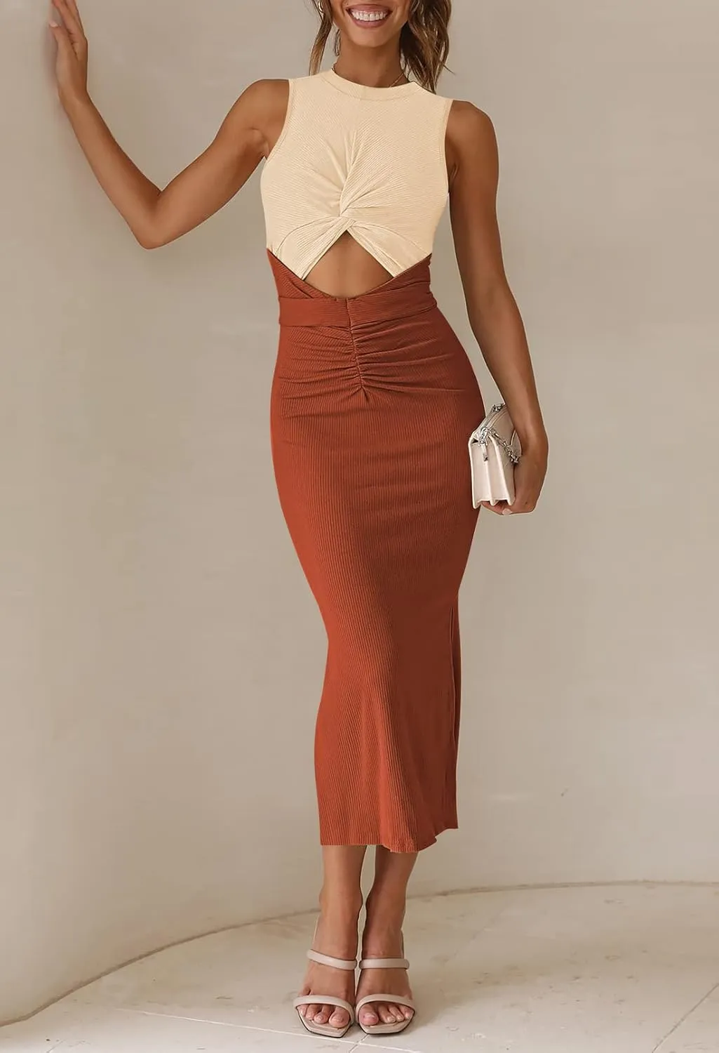 TOLENY Summer Sleeveless Cutout Dresses for Women Twisted Knot Ruched Side Slit Ribbed Bodycon Dress