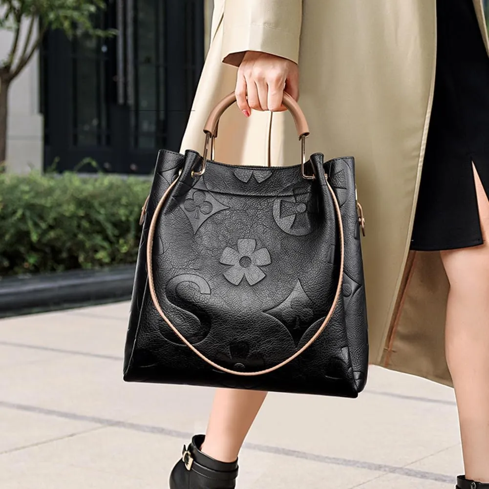 Top Handle Bag Floral Embossed Bucket Bag Crossbody Bags For Women Trendy Shoulder Purse Designer Handbag
