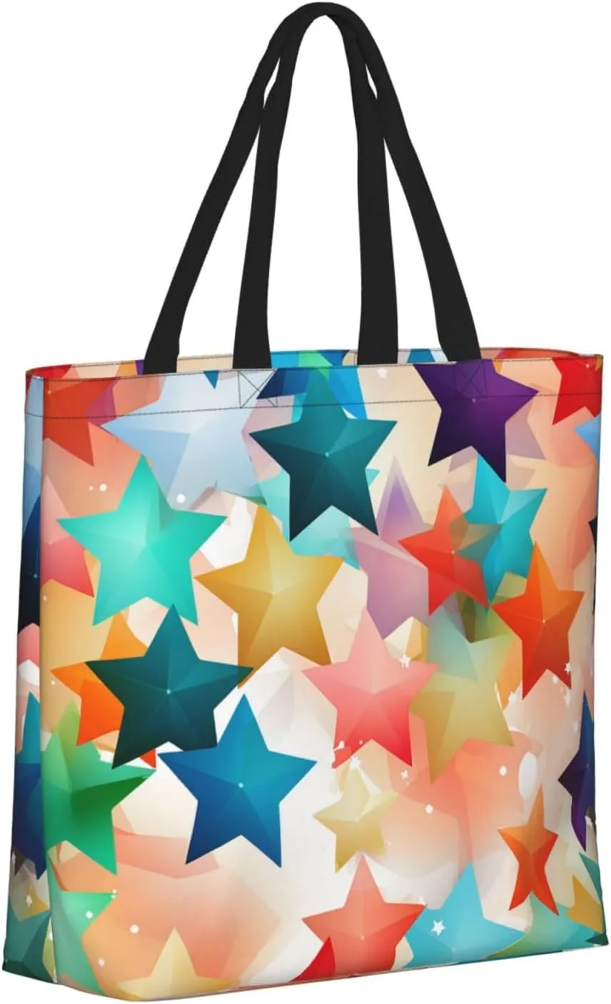 Tote Bag for Women Colorful Star Shoulder Bag with Zipper Handbag Large Capacity Reusable Grocery Bag