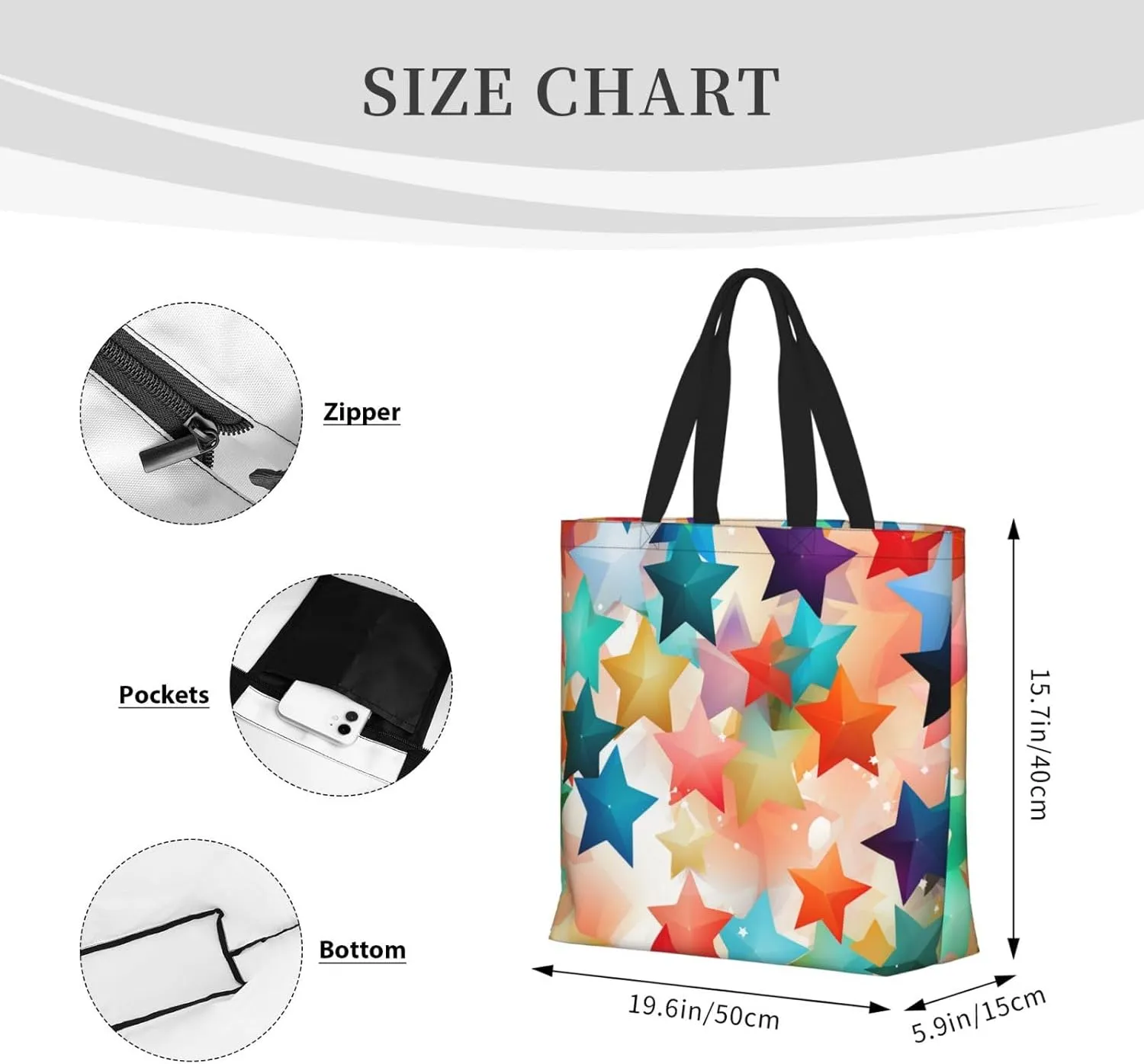 Tote Bag for Women Colorful Star Shoulder Bag with Zipper Handbag Large Capacity Reusable Grocery Bag