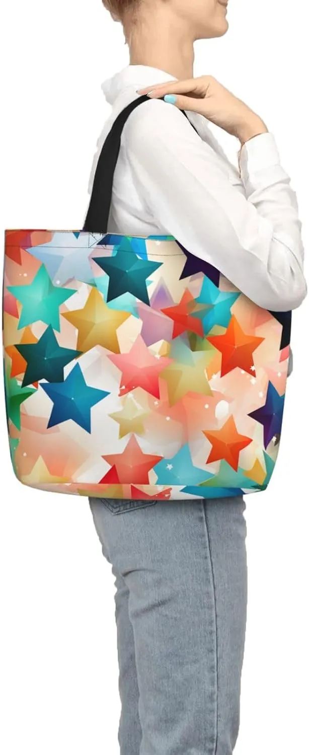 Tote Bag for Women Colorful Star Shoulder Bag with Zipper Handbag Large Capacity Reusable Grocery Bag