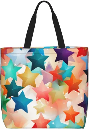Tote Bag for Women Colorful Star Shoulder Bag with Zipper Handbag Large Capacity Reusable Grocery Bag