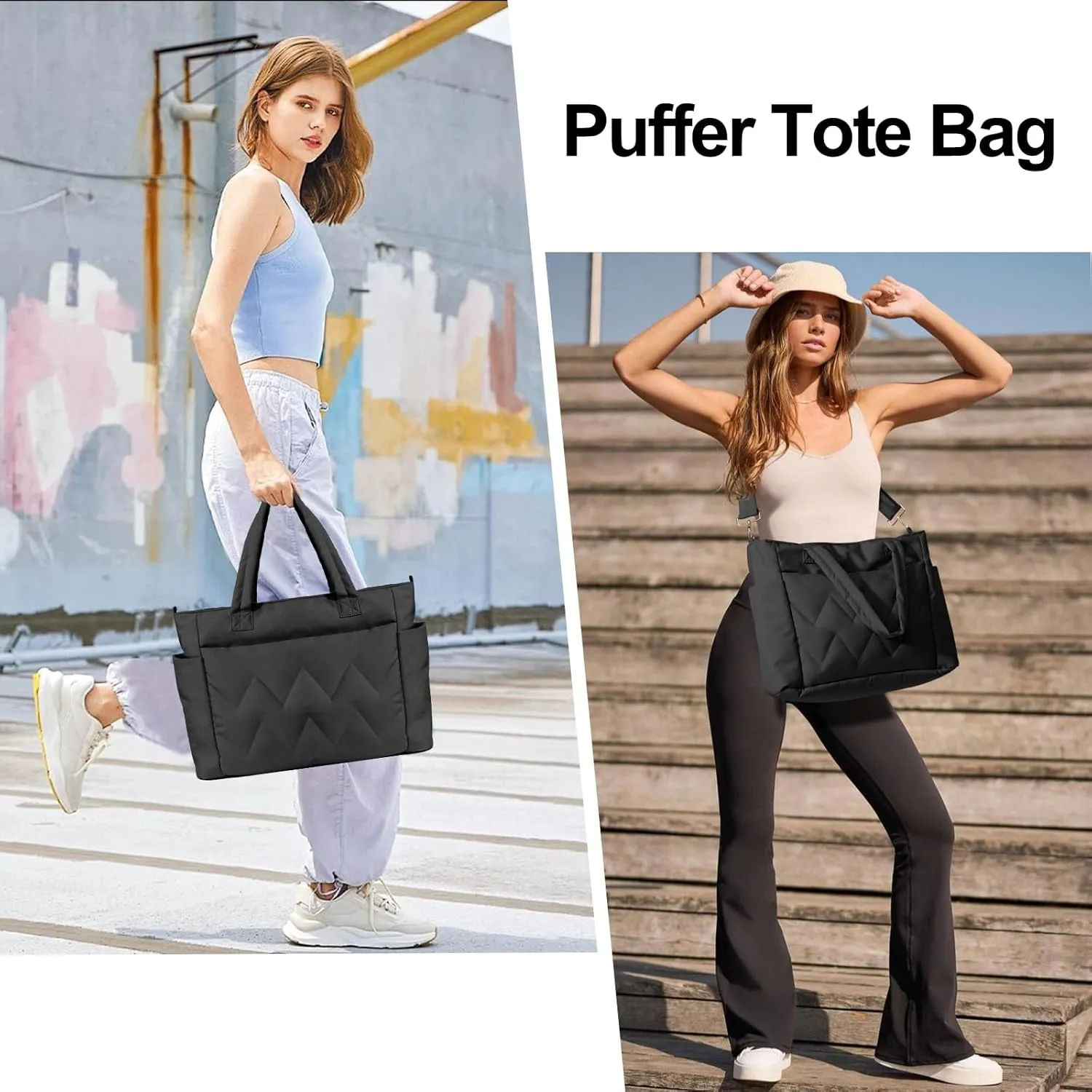 Tote Bag for Women, Lightweight Puffy Tote Bag with Compartments, Large Quilted Shoulder Bag with Zipper