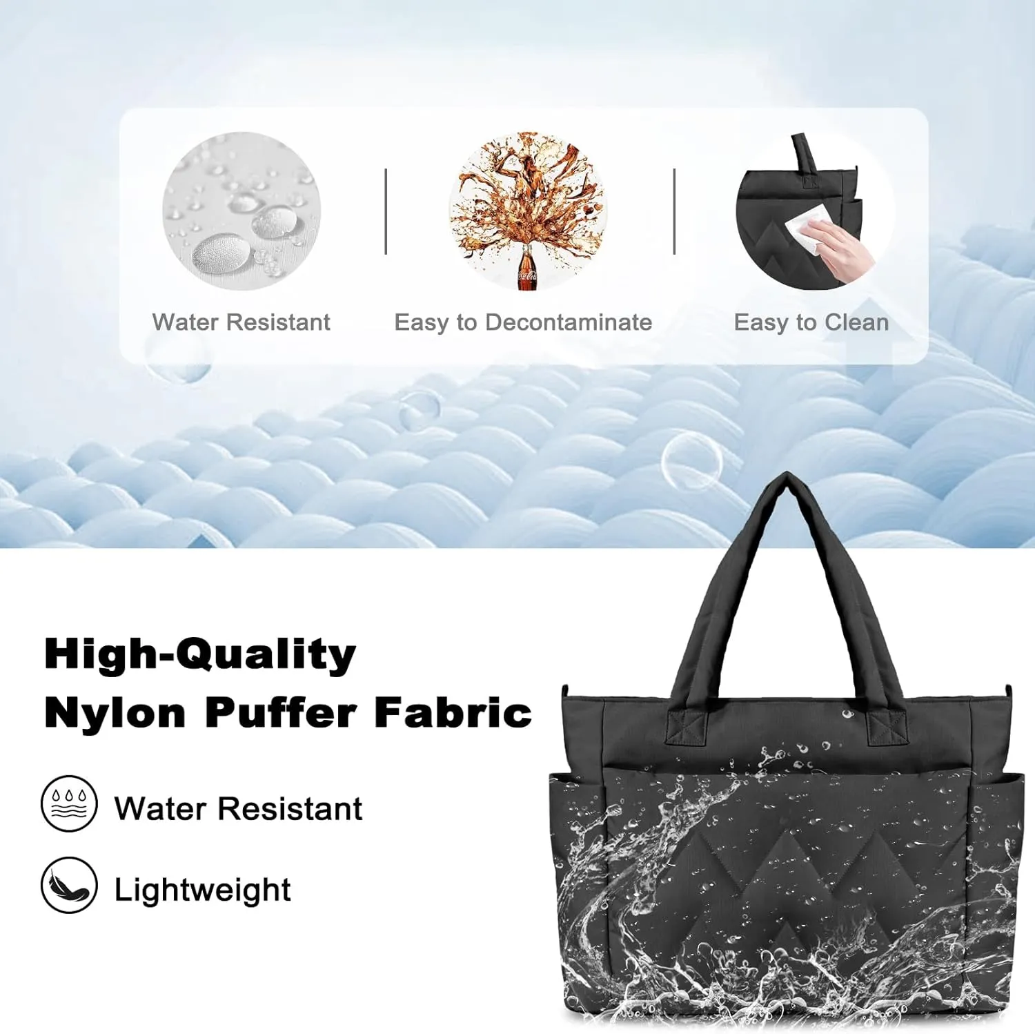 Tote Bag for Women, Lightweight Puffy Tote Bag with Compartments, Large Quilted Shoulder Bag with Zipper