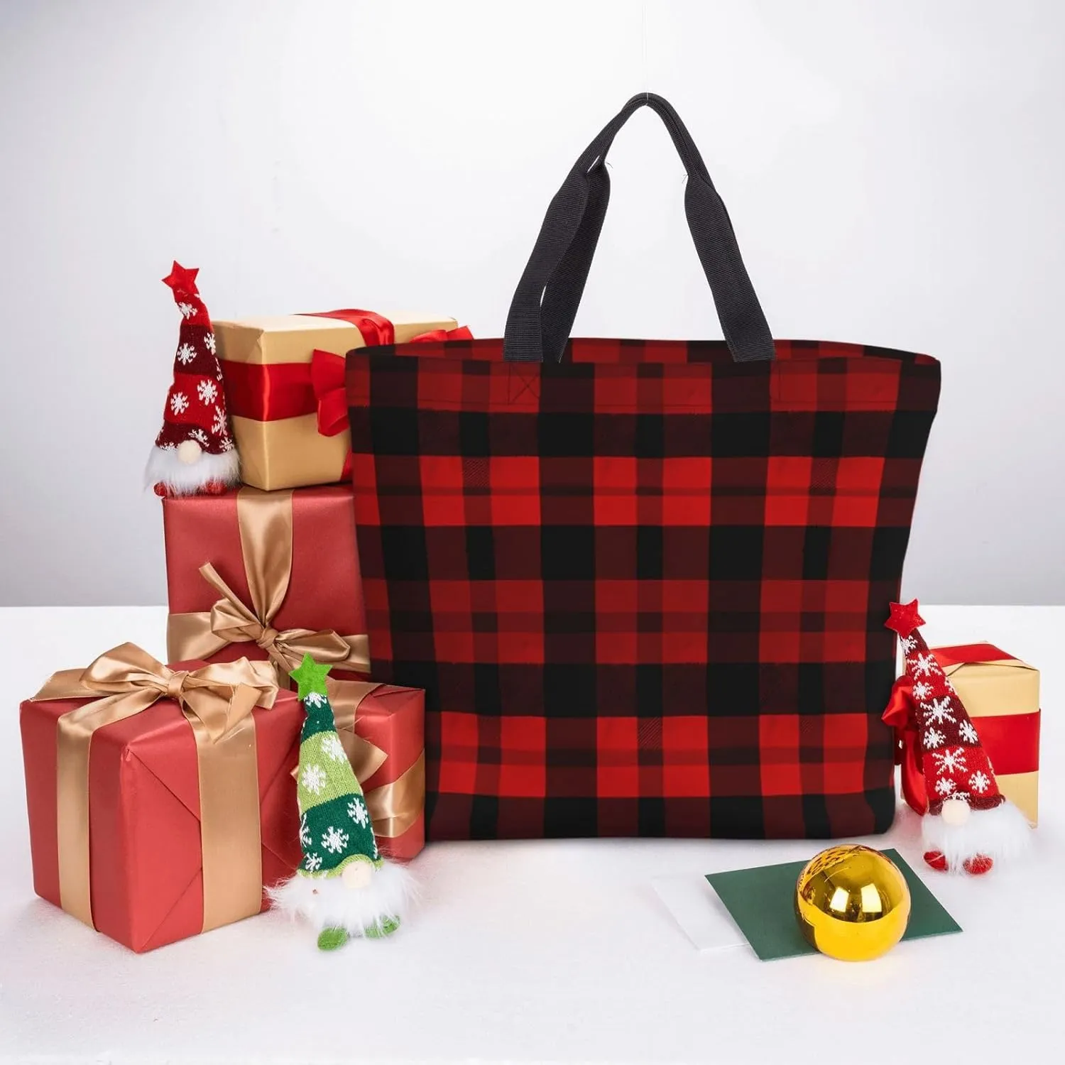 Tote Bag for Women Plaid Red and Black Shoulder Bag with Zipper Handbag Large Capacity Reusable Grocery Bag