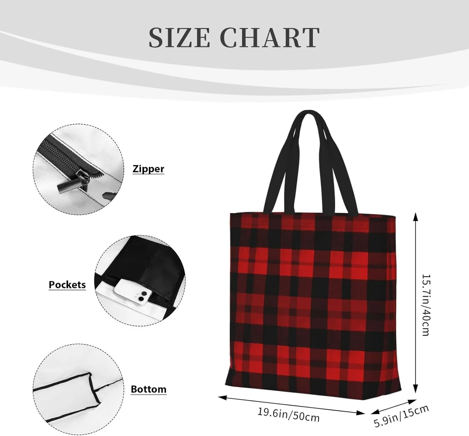 Tote Bag for Women Plaid Red and Black Shoulder Bag with Zipper Handbag Large Capacity Reusable Grocery Bag