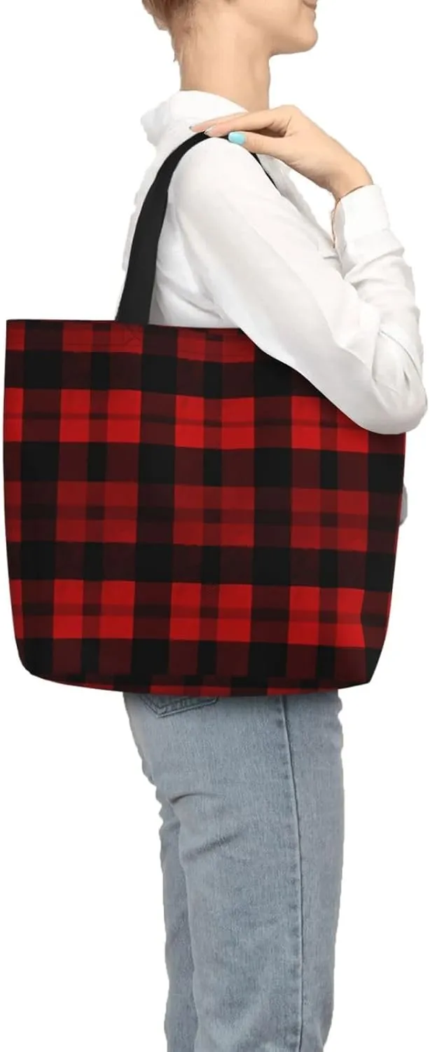Tote Bag for Women Plaid Red and Black Shoulder Bag with Zipper Handbag Large Capacity Reusable Grocery Bag