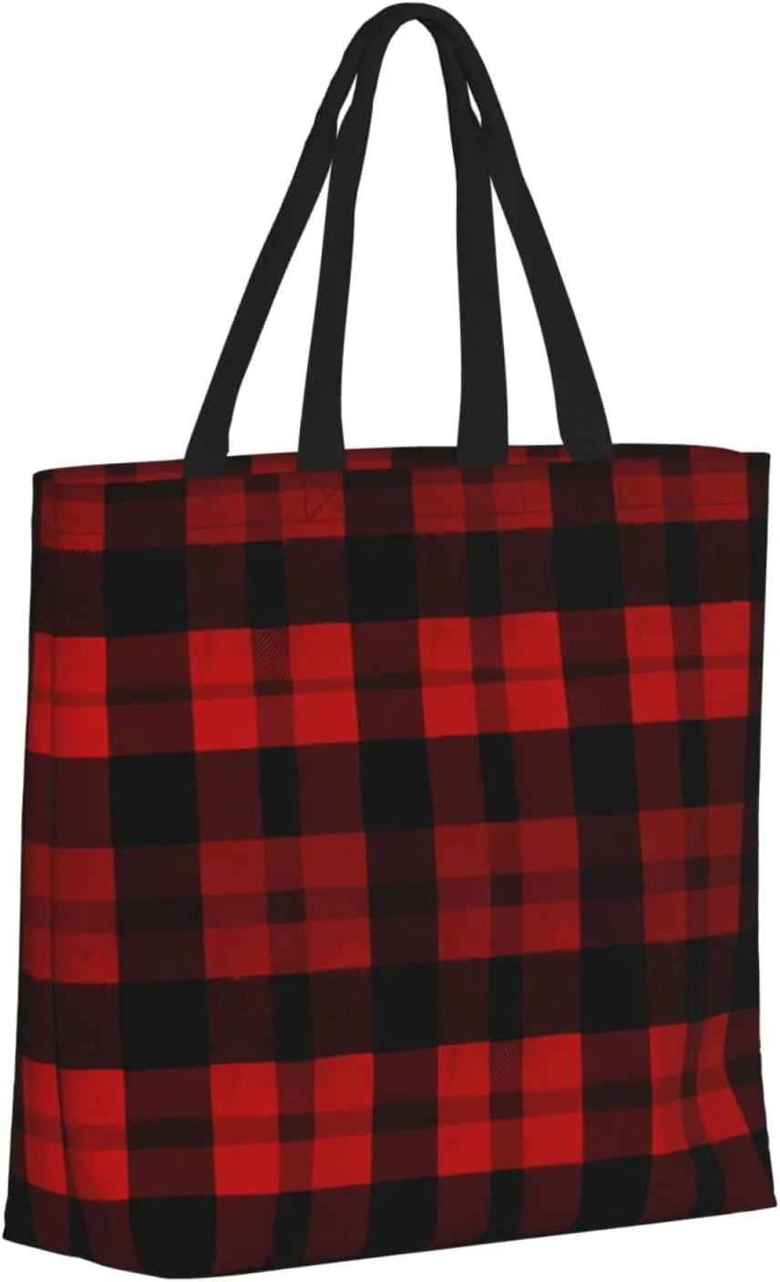 Tote Bag for Women Plaid Red and Black Shoulder Bag with Zipper Handbag Large Capacity Reusable Grocery Bag
