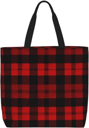Tote Bag for Women Plaid Red and Black Shoulder Bag with Zipper Handbag Large Capacity Reusable Grocery Bag