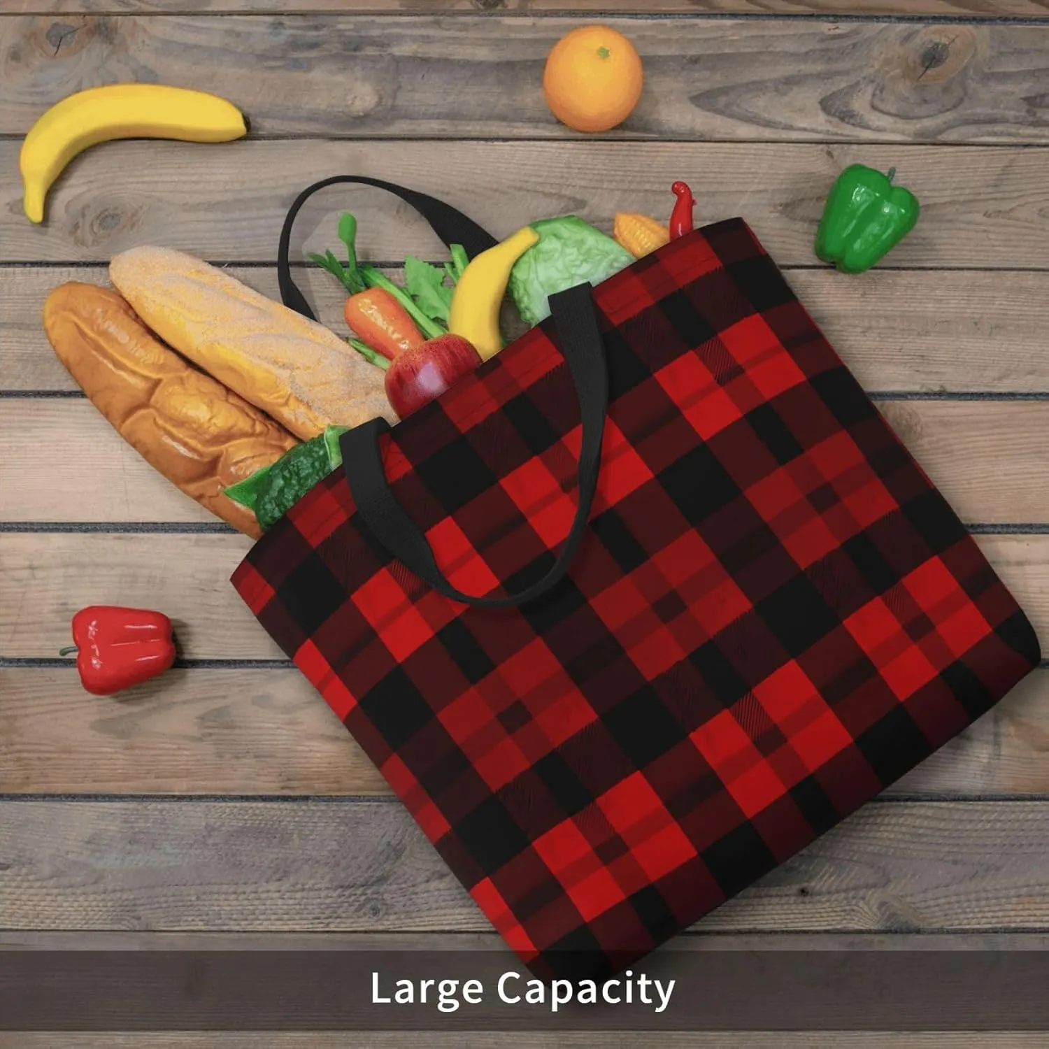 Tote Bag for Women Plaid Red and Black Shoulder Bag with Zipper Handbag Large Capacity Reusable Grocery Bag