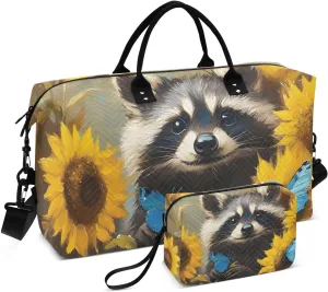 Travel Duffel Bag Raccoon Sunflower Cute, Gym Bags with Multiple Interior Pockets for Men Women Toiletry Purse Included 20.5”x 1.9” x 13.8”
