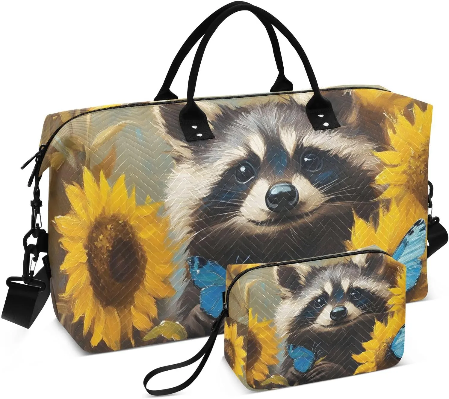 Travel Duffel Bag Raccoon Sunflower Cute, Gym Bags with Multiple Interior Pockets for Men Women Toiletry Purse Included 20.5”x 1.9” x 13.8”