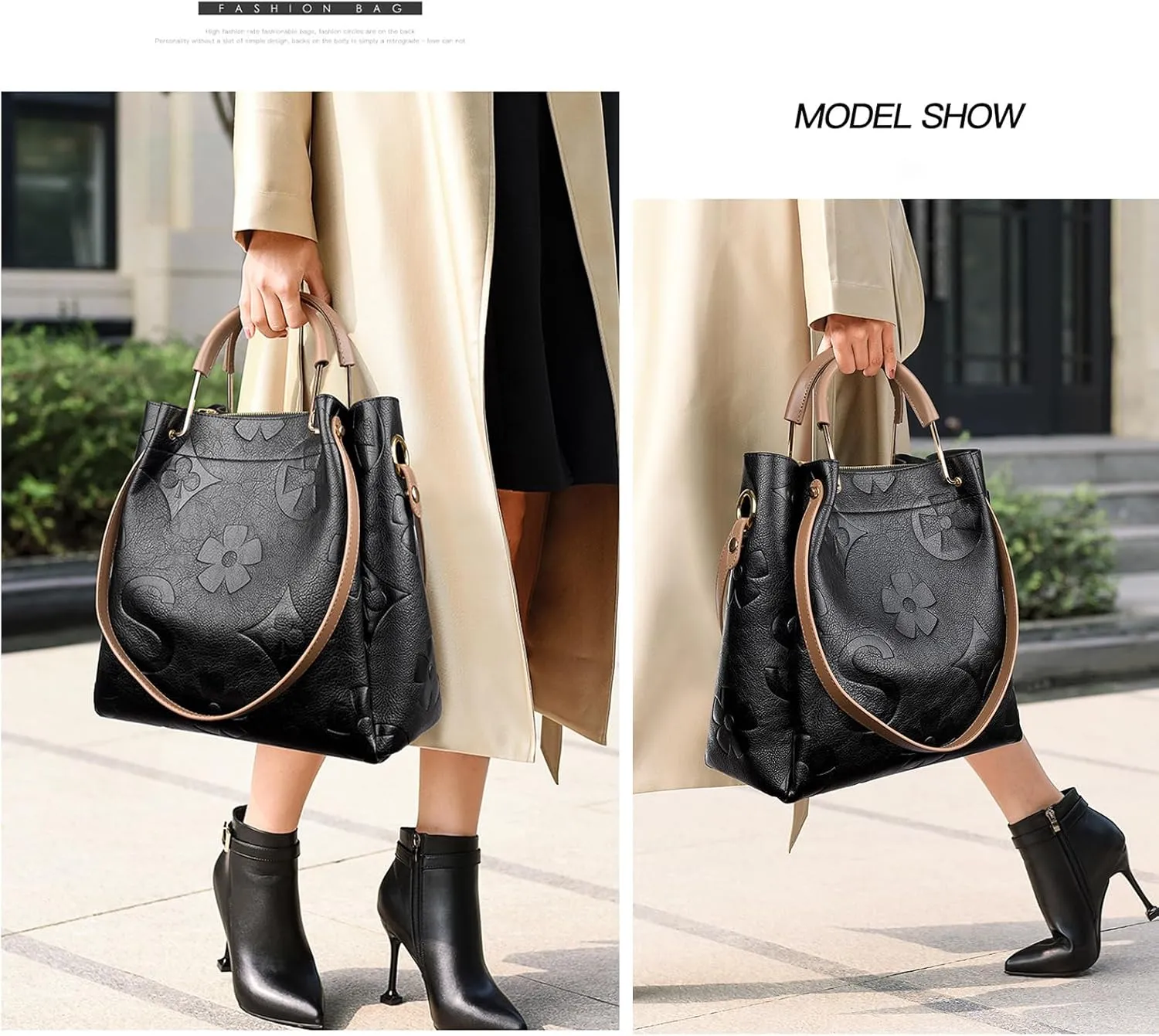 Travistar Floral Handbags Purses Women - Embossed Leather Top Handle Handbag Set Large Shoulder Bag Ladies Bucket Hobo Tote