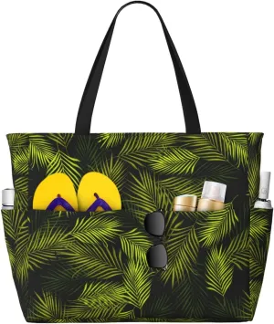 Tropical Palm Leaves Fern Leaf Large Beach Tote Bag for Women Extra Large Capacity Waterproof Sandproof Pool Bag Suitable for Swimming Pool Gym Travel