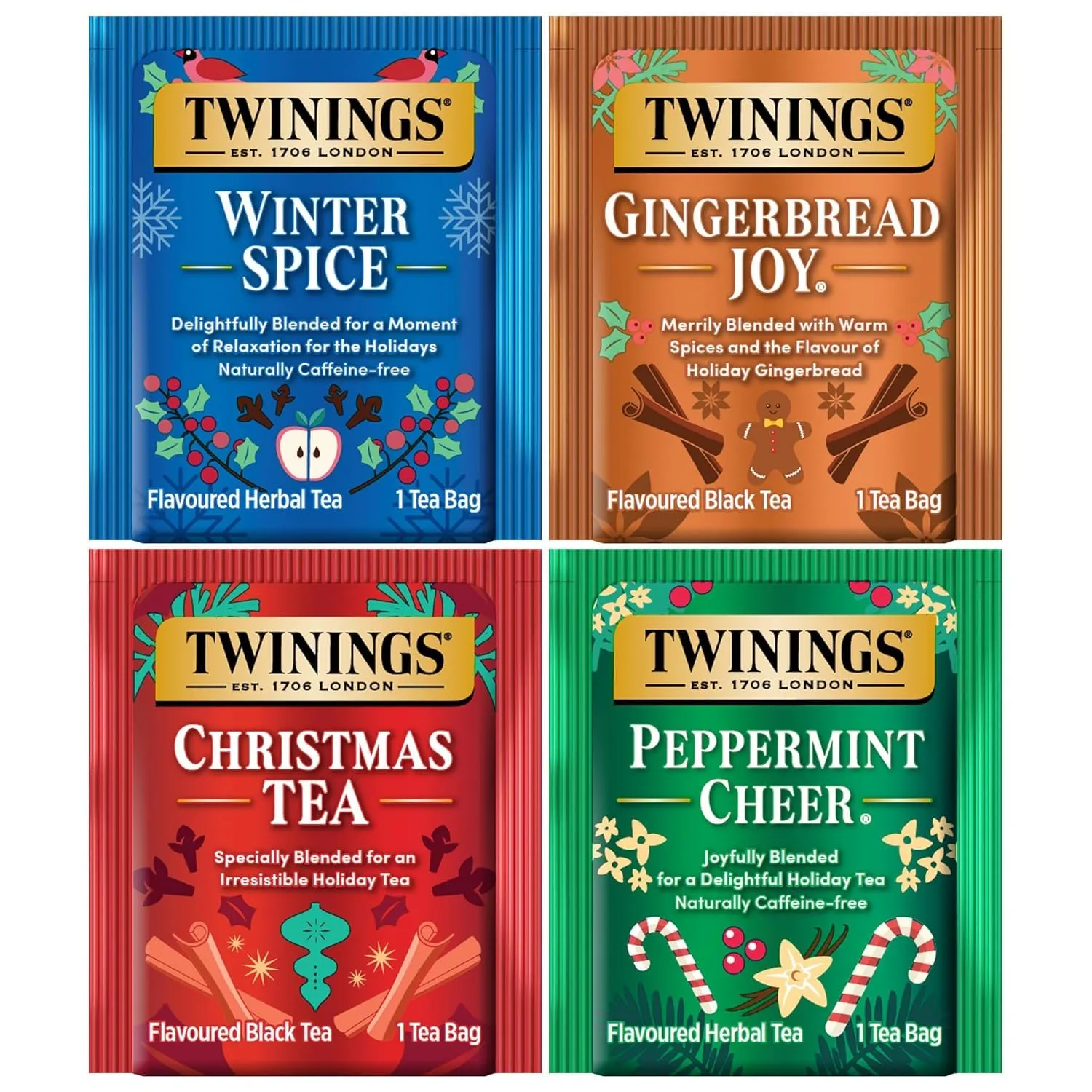 Twinings of London Holiday Variety Tea Bag Pack, Peppermint Cheer, Holiday Berry, Christmas Tea, Winter Spice, 20 Count (Pack of 4)