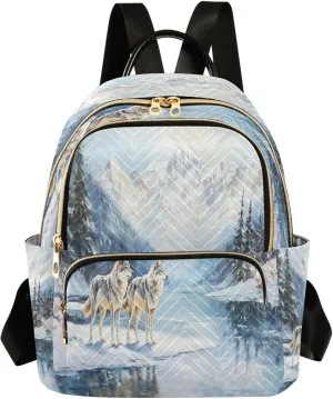 Two Wolves Snowy Quiet Blue Backpack Purse for Women Fashion Small Mini Daypack Purse for Lady Anti-theft Shoulder Bag with Double Zipper Weekend Bag