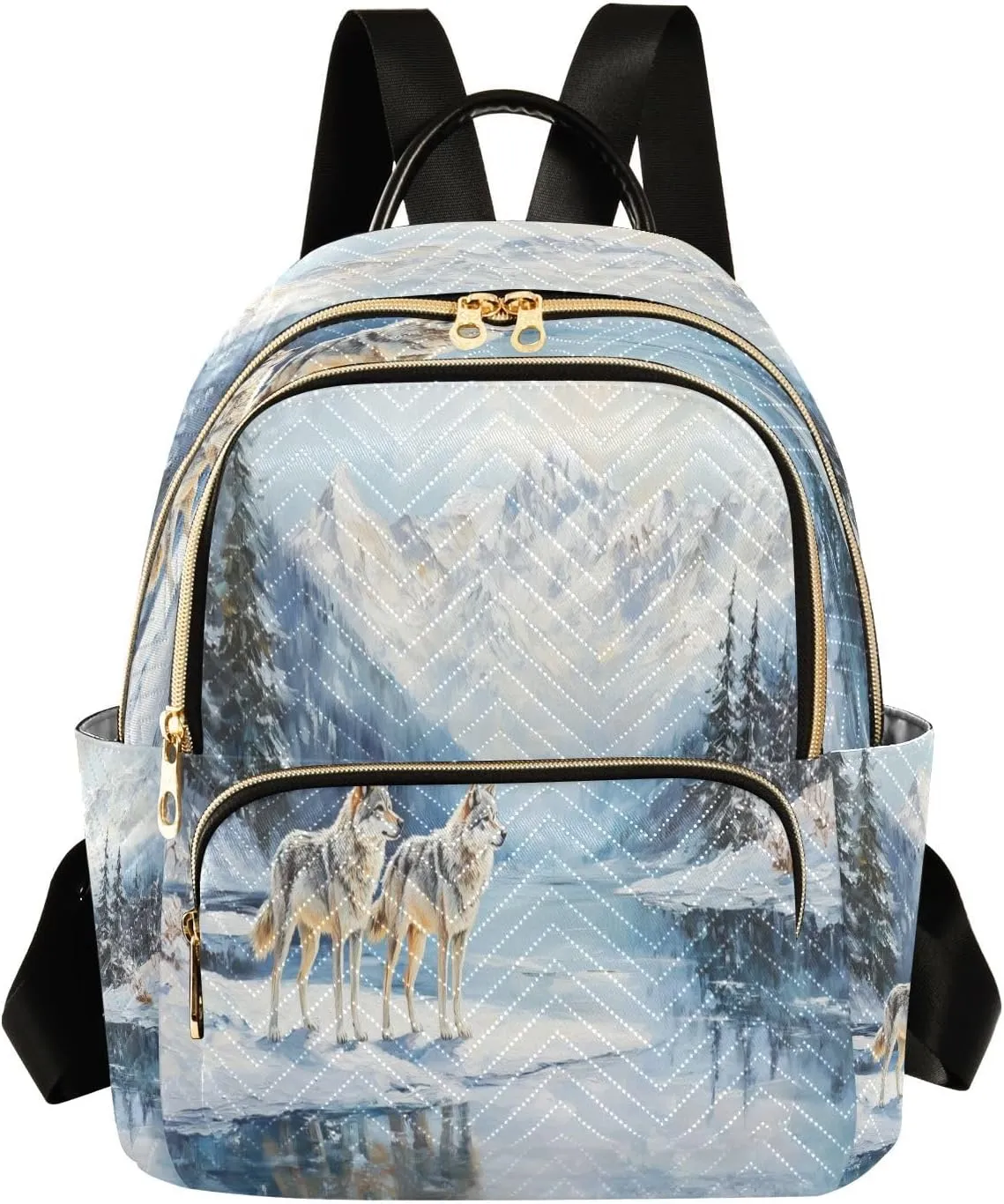 Two Wolves Snowy Quiet Blue Backpack Purse for Women Fashion Small Mini Daypack Purse for Lady Anti-theft Shoulder Bag with Double Zipper Weekend Bag