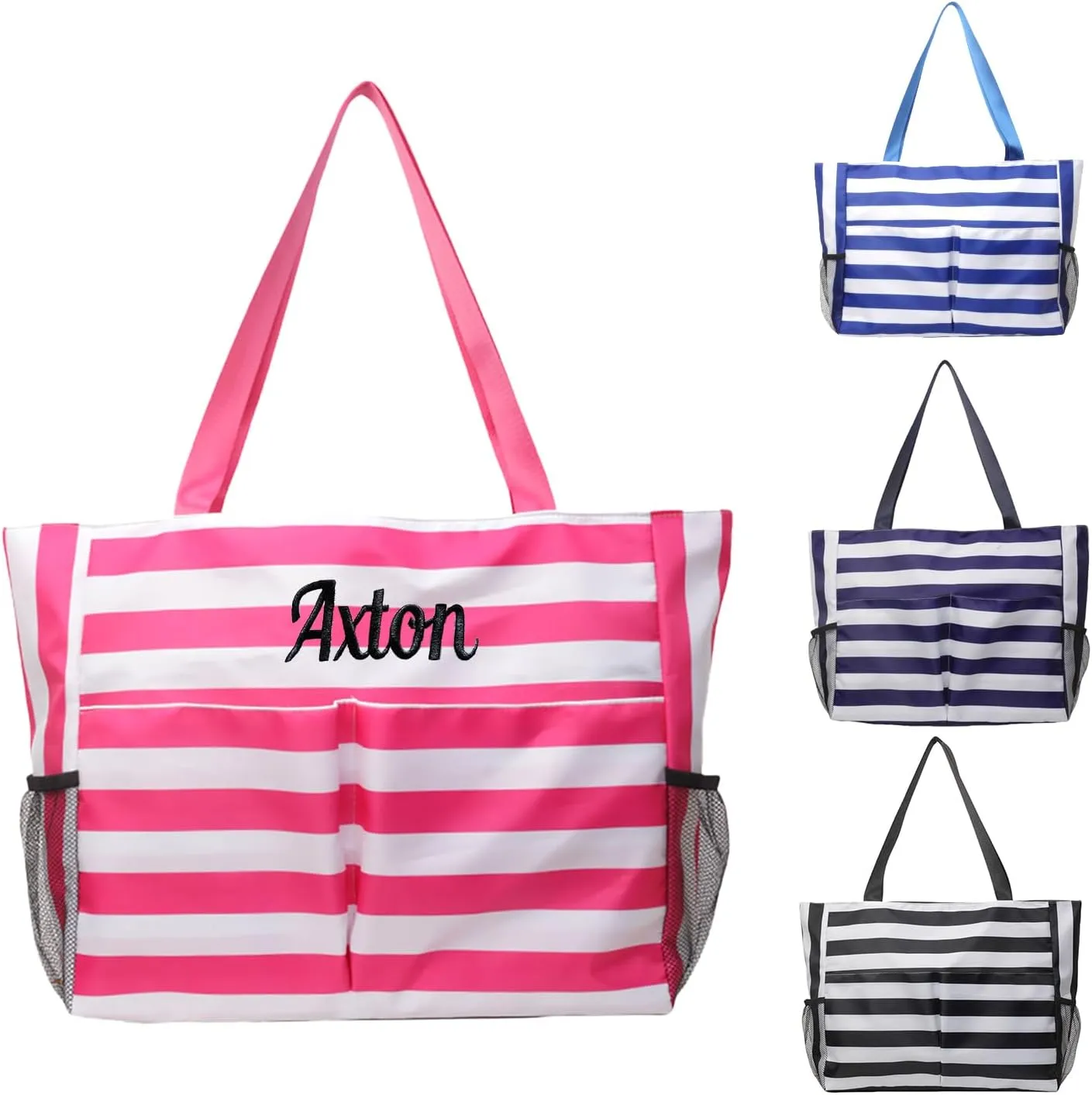 Ulico Personalzied Beach Tote Bag for Women,Custom Embroidered Name Striped Pool Swim Bag Foldable -Waterproof Sandproof