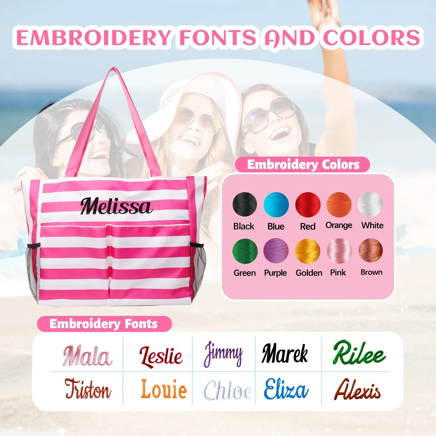 Ulico Personalzied Beach Tote Bag for Women,Custom Embroidered Name Striped Pool Swim Bag Foldable -Waterproof Sandproof