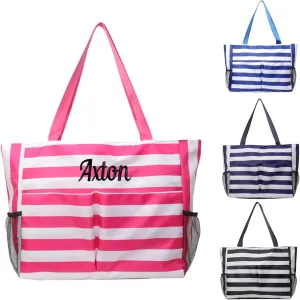 Ulico Personalzied Beach Tote Bag for Women,Custom Embroidered Name Striped Pool Swim Bag Foldable -Waterproof Sandproof