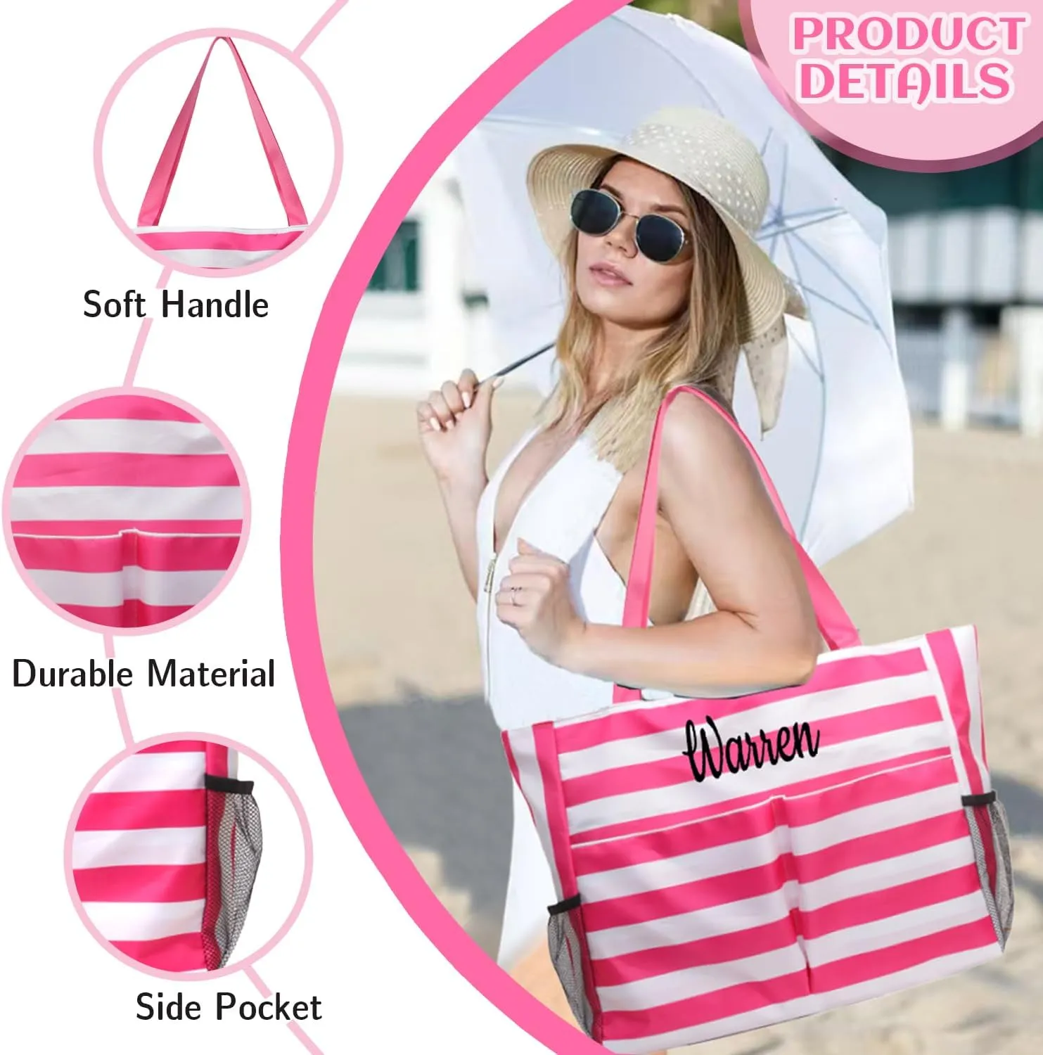 Ulico Personalzied Beach Tote Bag for Women,Custom Embroidered Name Striped Pool Swim Bag Foldable -Waterproof Sandproof
