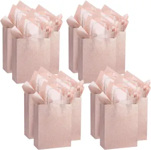 UNIQOOO 12 Pack 9.5" Rose Gold Pink Glitter Kraft Paper Gift Bags For Wedding | Thank You Bag Favor Bags For Bridal Shower, Baby Shower, Valentine's Day, Holidays, Anniversaries, Parties
