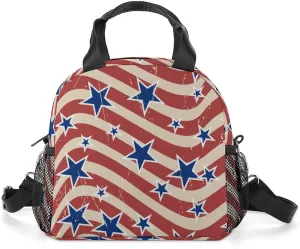 U.S. Patriotic Stars and Stripes Portable Lunch Box Crossbody Bag Tote Insulated with Adjustable Strap Work Beach Picnic