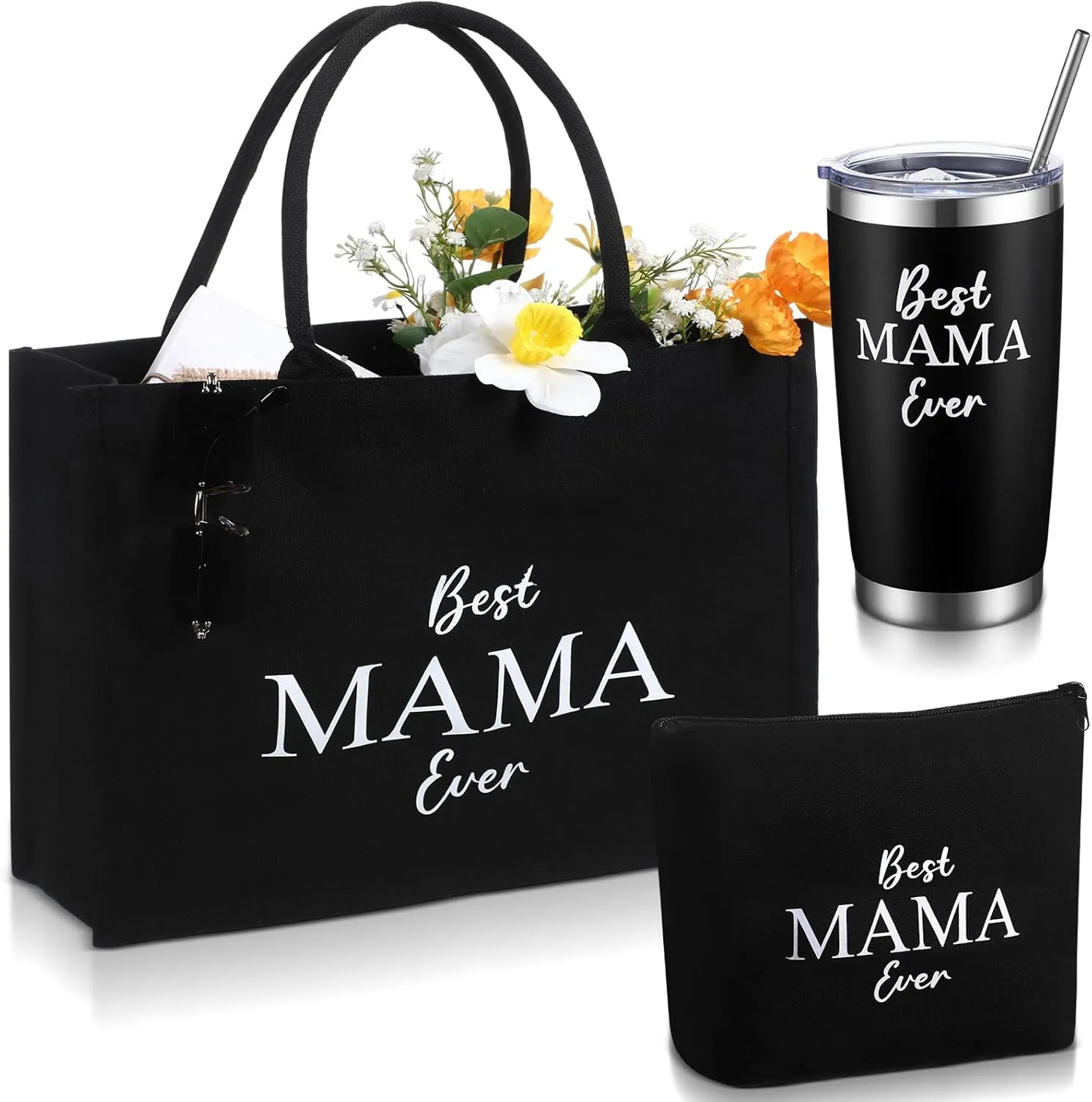 Vesici Mothers Day Appreciation Gifts Mama Canvas Tote Bag with Makeup Bag 20 oz Tumbler for Mom Mother Thanks Gift