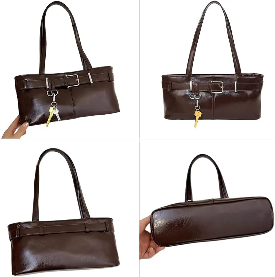 Vintage Shoulder Bag for Women Y2K Underarm Purse with Belt Buckle Small Satchel Tote Handbag