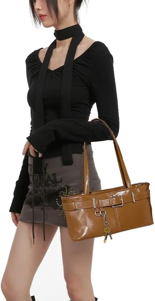 Vintage Shoulder Bag for Women Y2K Underarm Purse with Belt Buckle Small Satchel Tote Handbag