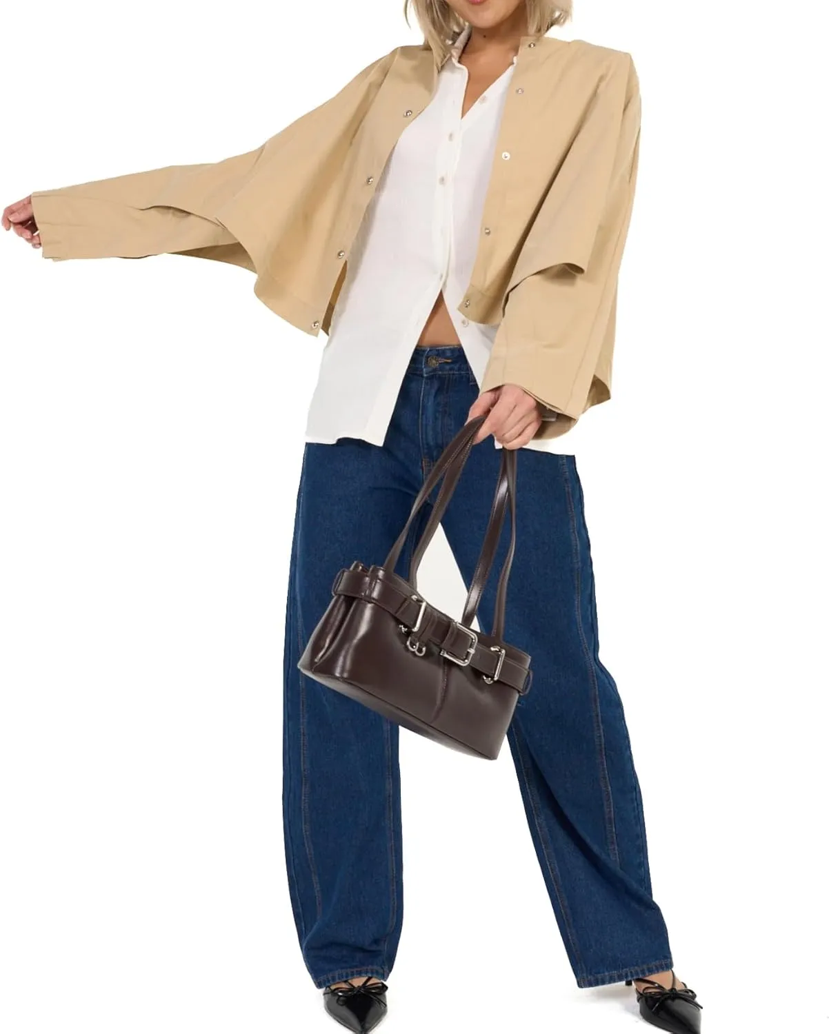 Vintage Shoulder Bag for Women Y2K Underarm Purse with Belt Buckle Small Satchel Tote Handbag
