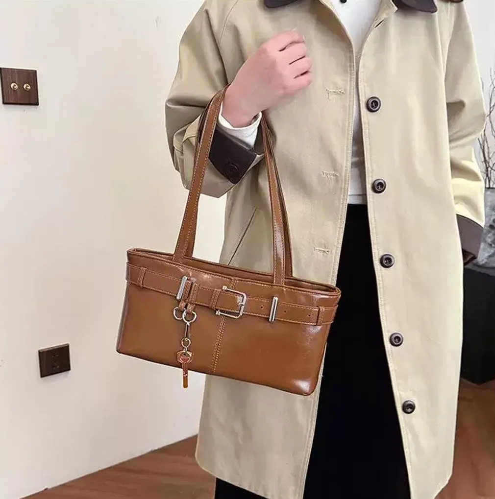 Vintage Shoulder Bag for Women Y2K Underarm Purse with Belt Buckle Small Satchel Tote Handbag