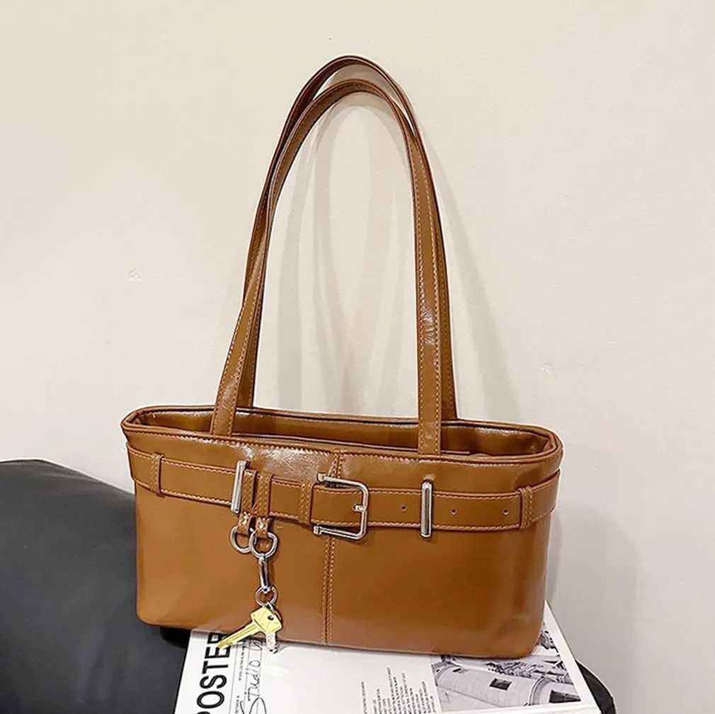 Vintage Shoulder Bag for Women Y2K Underarm Purse with Belt Buckle Small Satchel Tote Handbag