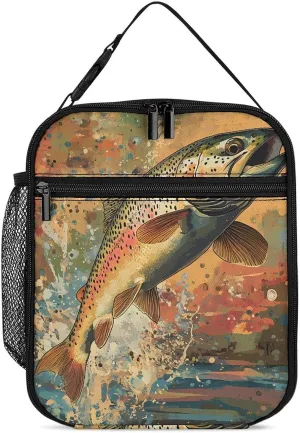 Vintage Trout Fish Jumping Lunch Bag for Men Women Small Reusable Leakproof Insulated Lunch Box Adjustable Handbag