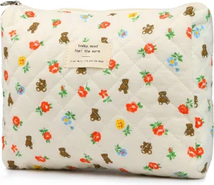 VIWIME Makeup Cosmetic Bag, Large Cotton Quilted Travel Coquette Aesthetic Cute Floral Make up Bag for Women Toiletry Bag Organizer(Bear/Mid)