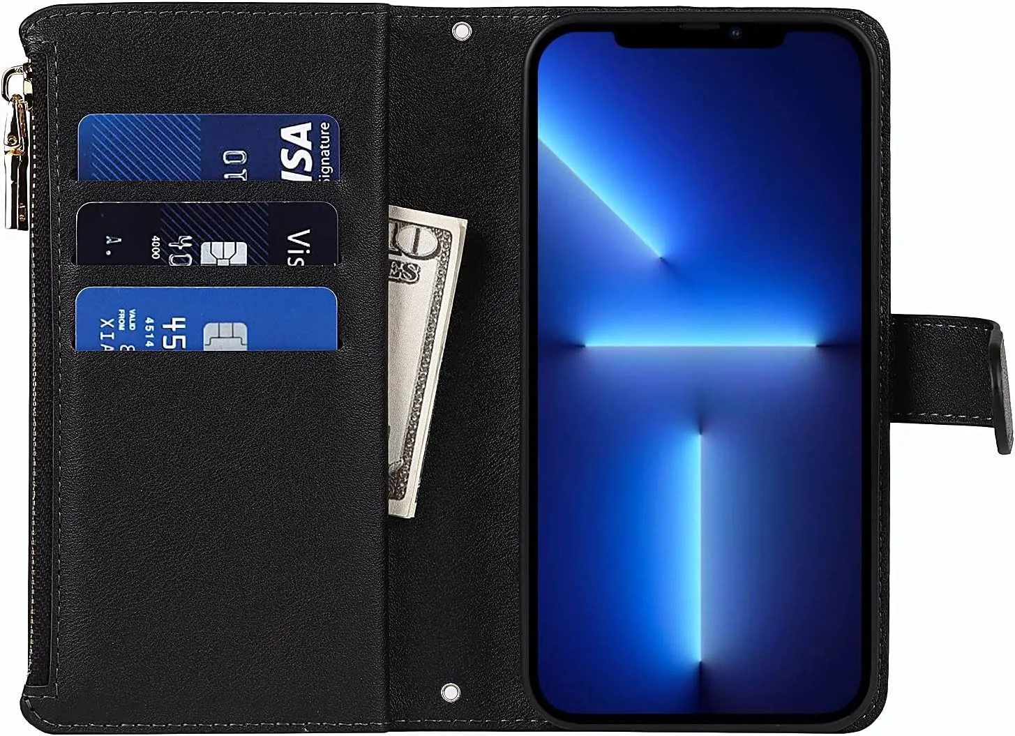 Wallet Phone Case Design for iPhone 13 Pro Max 9 Card Holder 1 Zipper Coin Wallet 2 Cash Slot Kickstand Lanyard Flip Leather Cover Black