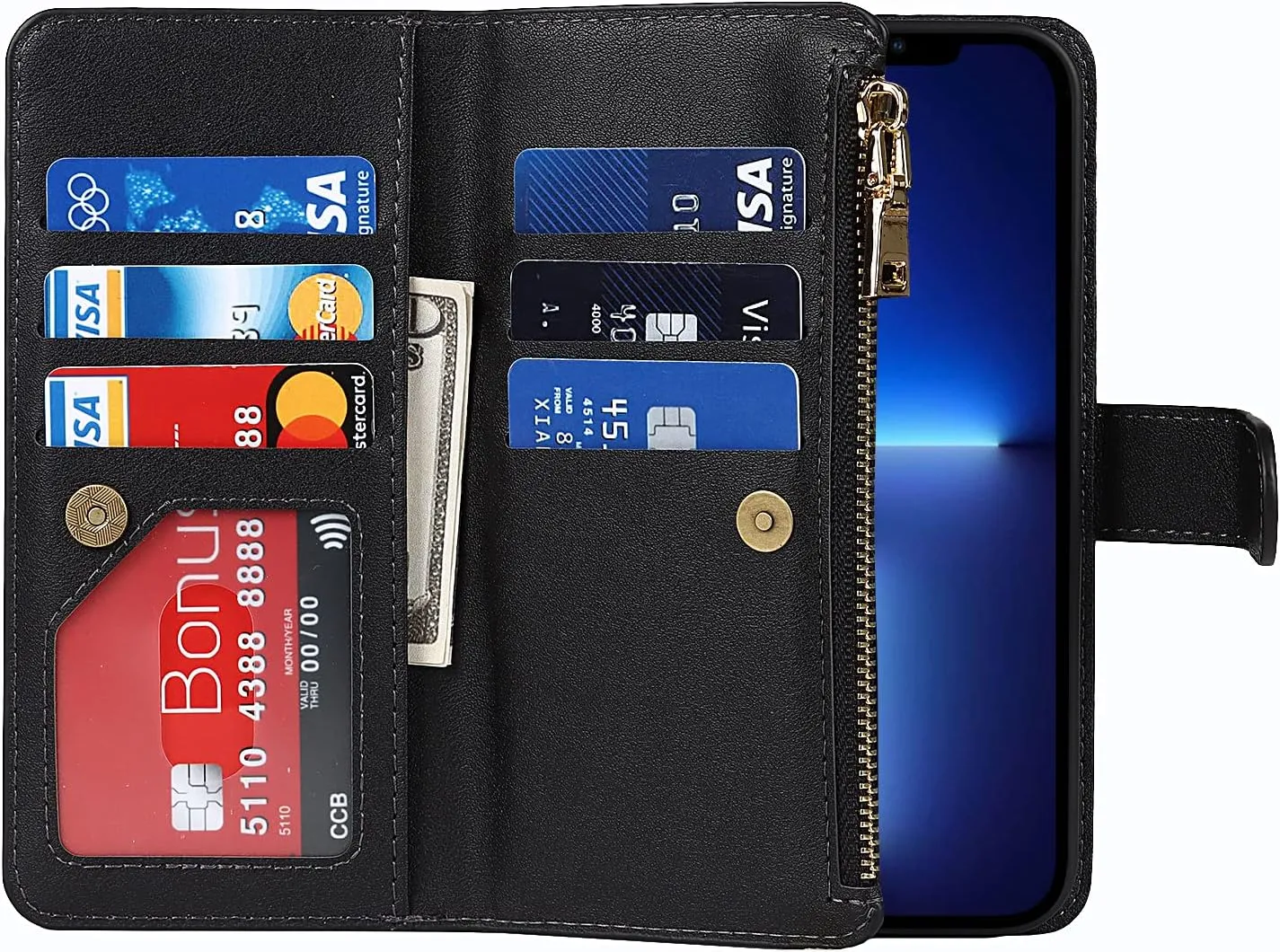 Wallet Phone Case Design for iPhone 13 Pro Max 9 Card Holder 1 Zipper Coin Wallet 2 Cash Slot Kickstand Lanyard Flip Leather Cover Black