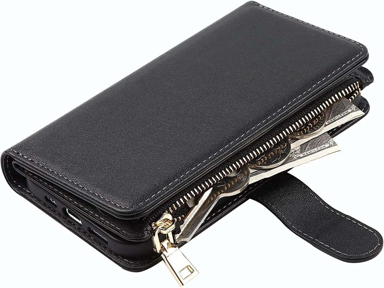 Wallet Phone Case Design for iPhone 13 Pro Max 9 Card Holder 1 Zipper Coin Wallet 2 Cash Slot Kickstand Lanyard Flip Leather Cover Black