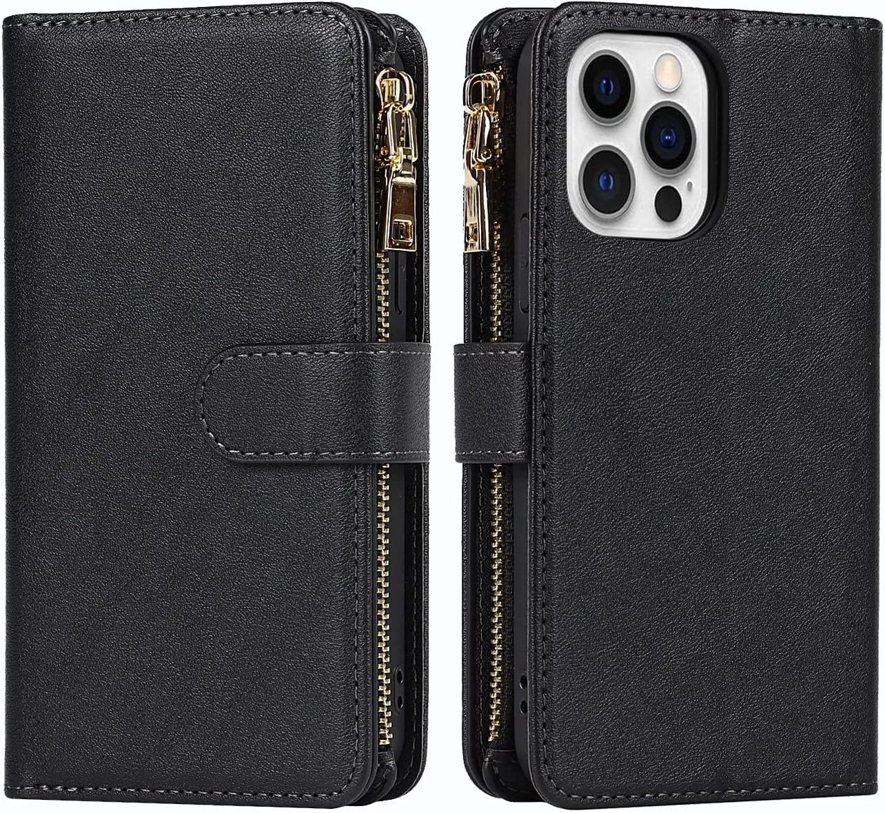 Wallet Phone Case Design for iPhone 13 Pro Max 9 Card Holder 1 Zipper Coin Wallet 2 Cash Slot Kickstand Lanyard Flip Leather Cover Black