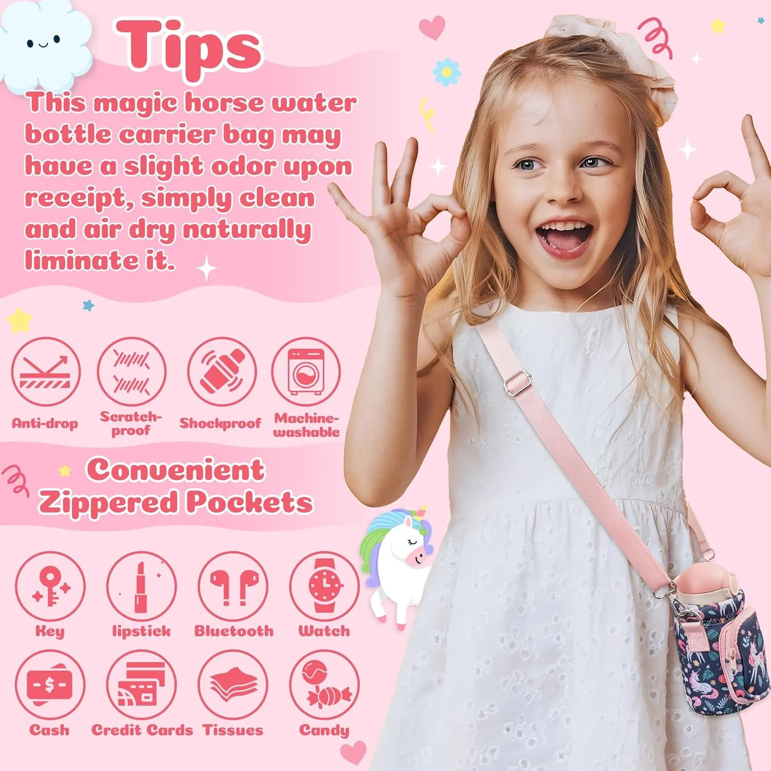 Water Bottle Carrier Bag with Strap for Kids - Water Bottle Bag Holder with Padded Strap Pocket 10/12/14/16/18Oz for Boys Girls School Walking Hiking Camping